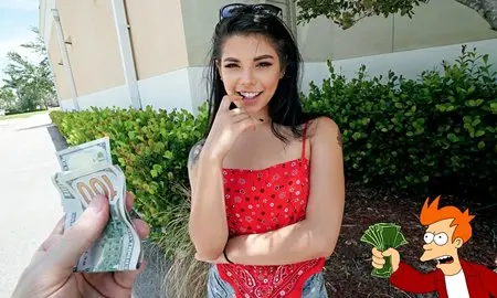 Обаятельная молодая брюнетка дрочит пикаперу со страстью за углом дома.